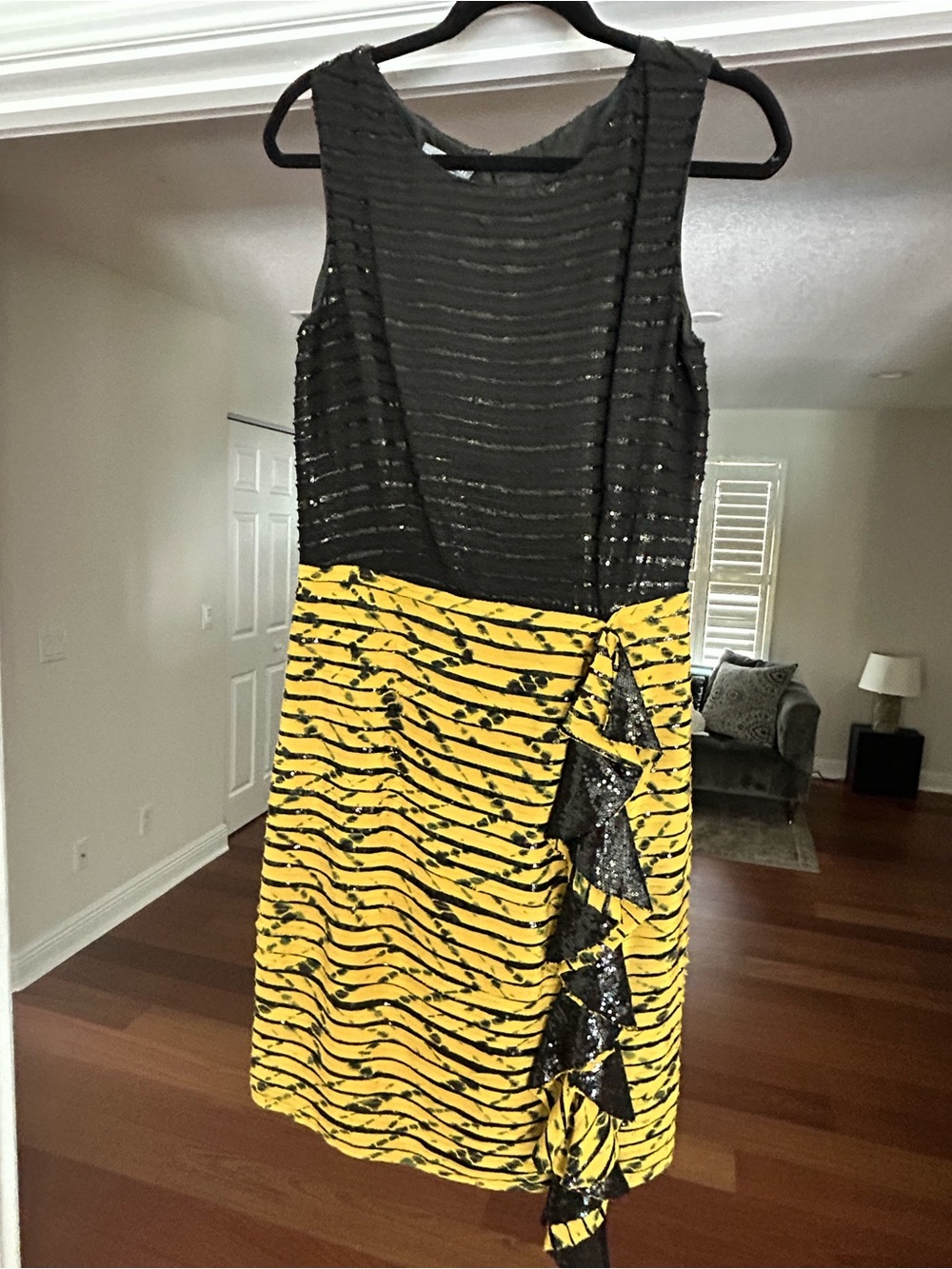 Sachin + Babi Black and Yellow Striped Mini Dress with Side Bow Accents